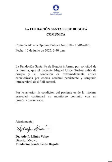 El comunicado oficial sobre el estado de salud de Miguel Uribe Turbay. Foto: EFE.