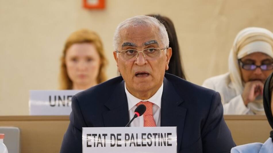 Embajador palestino ante la ONU, Ibrahim Khraishi. Foto: Twitter/X @UN_HRC.