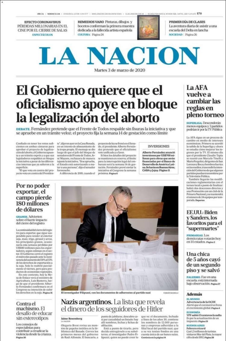 Tapas de diarios, La Nación, martes 3 de marzo de 2020