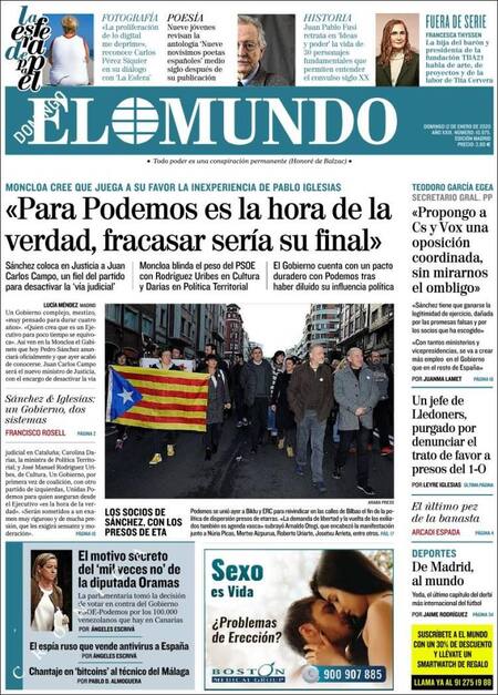 Tapas de diarios, El Mundo, domingo 12 de enero de 2020