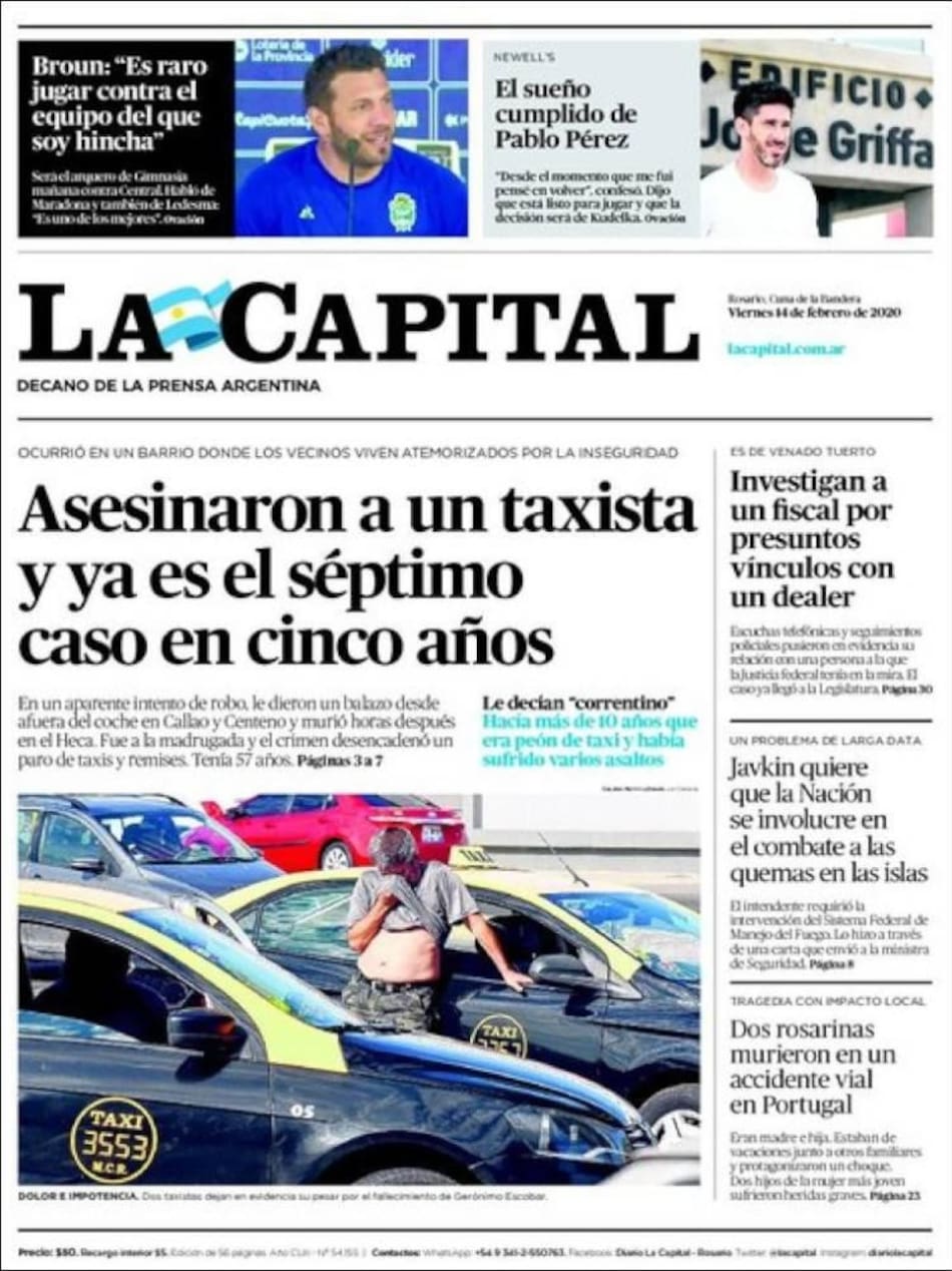Tapas de diarios, 14-2-20, LA CAPITAL
