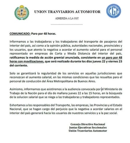 Paro de colectivos en el interior. Foto: UTA.