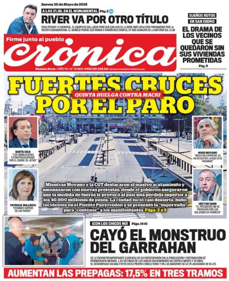 Tapa de diarios - Crónica jueves 30 de mayo de 2019