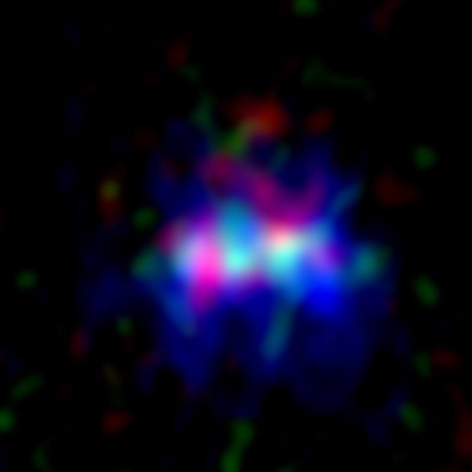 Imagen obtenida con ALMA de la galaxia MACS0416_Y1, ubicada a 13.200 millones de años luz. Foto: Observatorio ALMA.