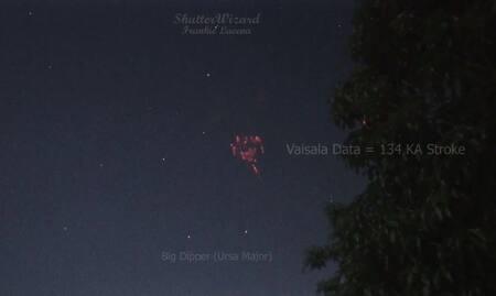 Duendes rojos fotografiados cerca de la Osa Mayor durante una fuerte tormenta eléctrica, justo al noroeste de Puerto Rico. Foto: NA.