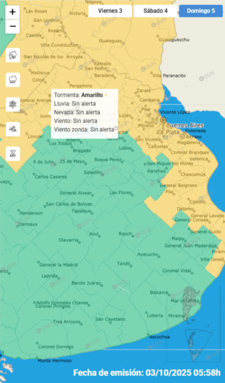 Alerta por tormentas en Buenos Aires para el domingo 5 de octubre.