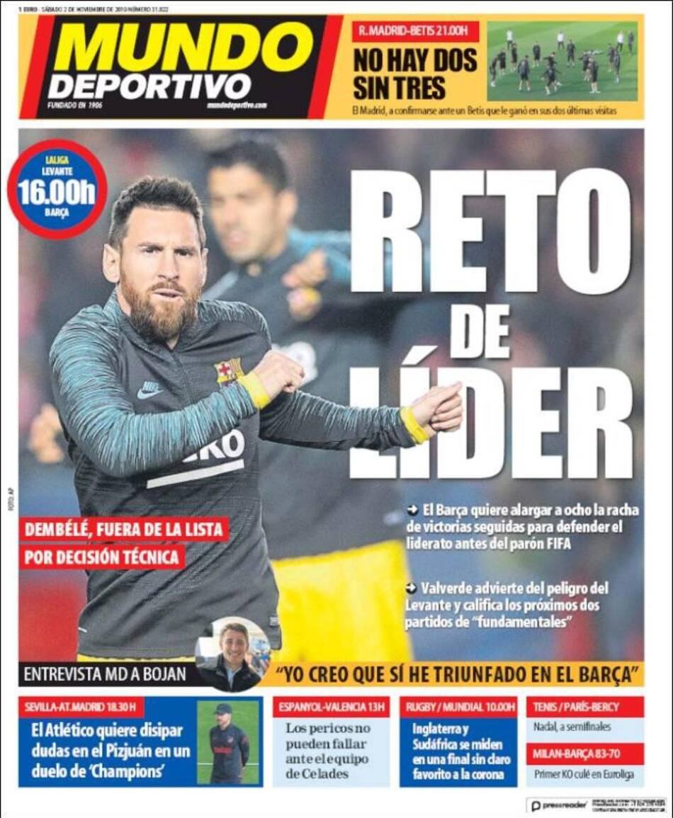 Tapas de diarios, Mundo Deportivo, sábado 2-11-19