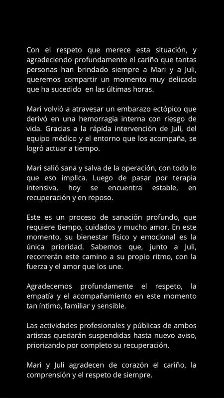 El comunicado de María Becerra.