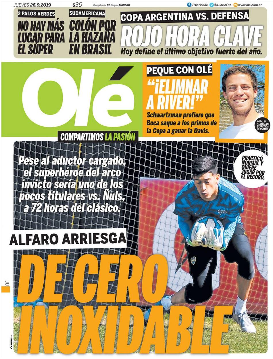 Tapas de diarios, Ole, jueves 26-09-19