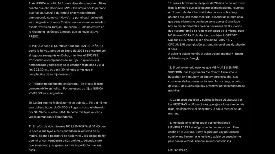 El comunicado de Mauro Icardi contra Wanda Nara. Foto: Instagram.