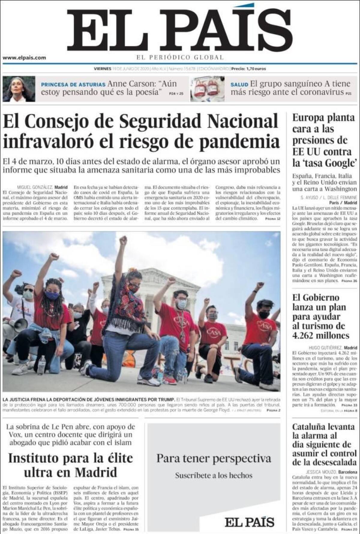 Tapas de diarios, El País, viernes 19 de junio de 2020