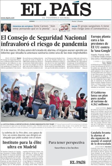 Tapas de diarios, El País, viernes 19 de junio de 2020