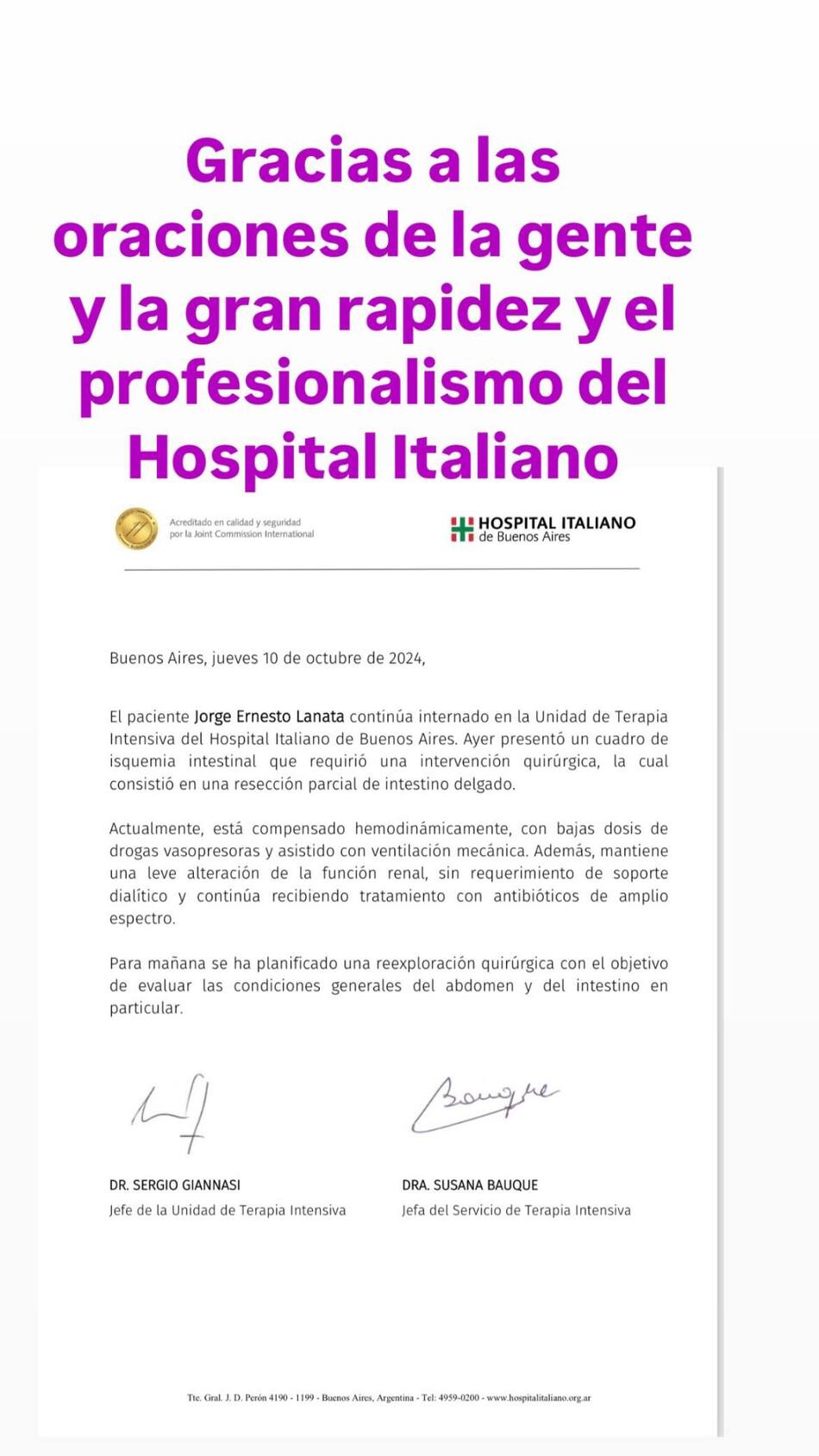 La publicación de Elba Marcovecchio sobre el último parte médico de Jorge Lanata. Foto: Instagram.