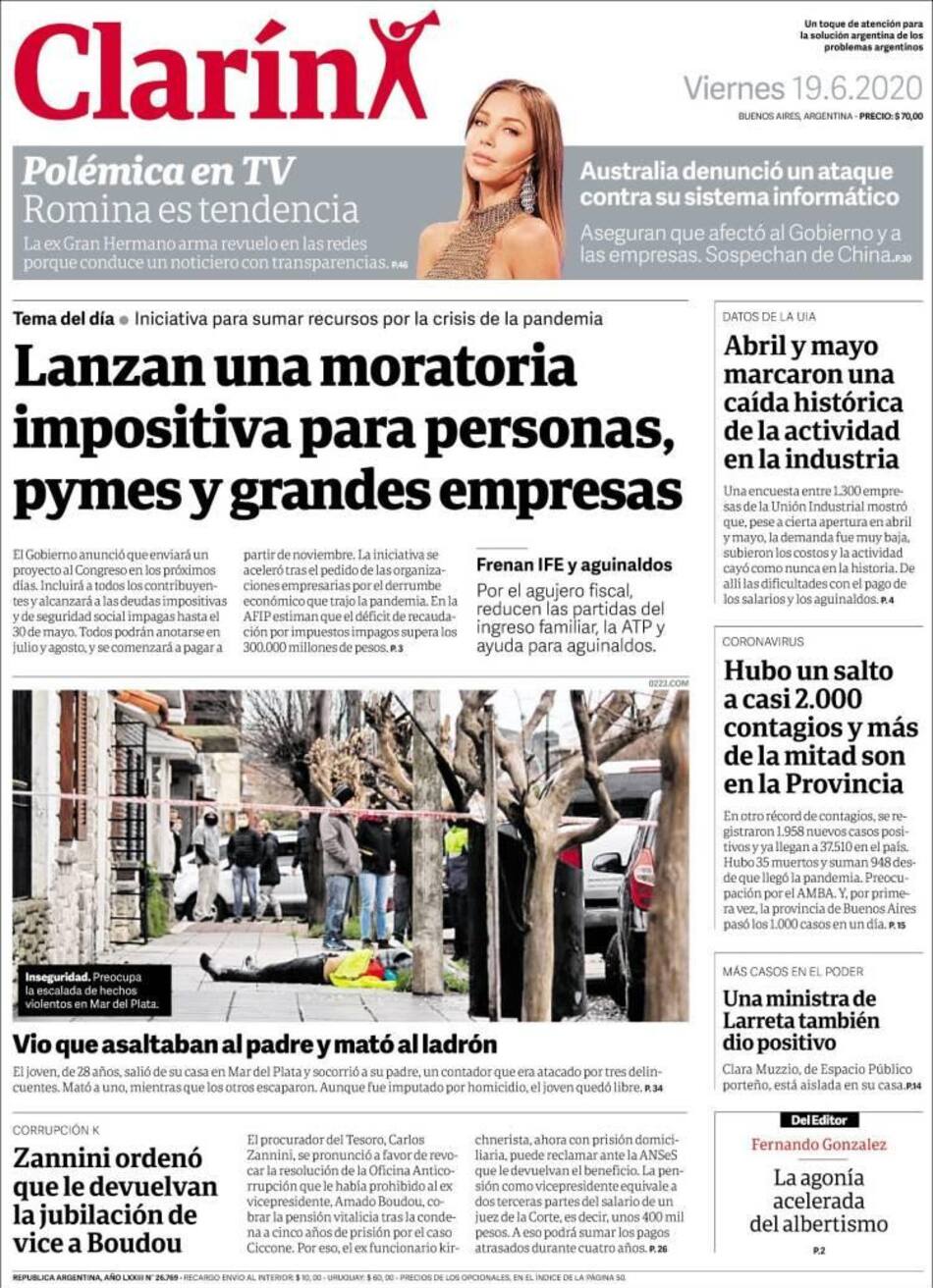 Tapas de diarios, Clarín, viernes 19 de junio de 2020