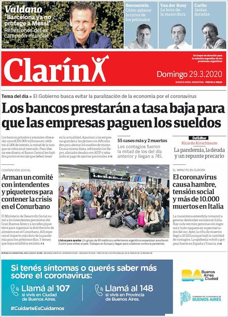 Tapas de Diarios, Clarin, domingo 29 de marzo de 2020