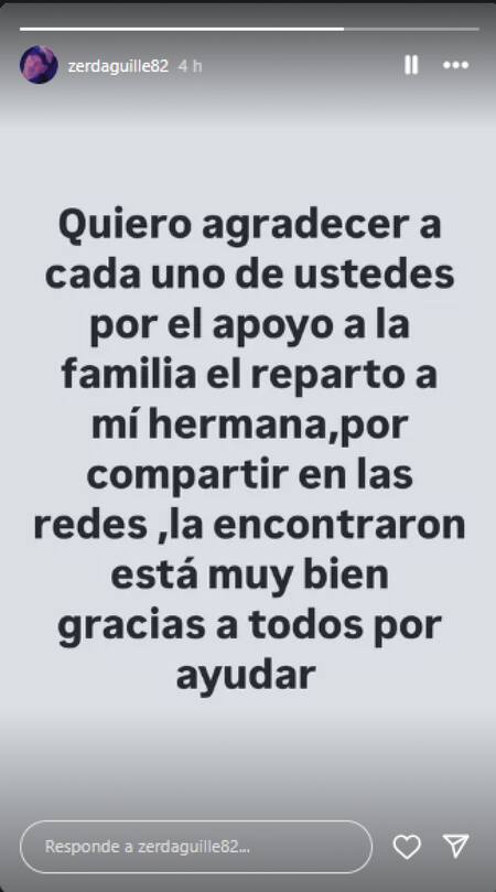 El mensaje de agradecimiento del hermano de María Belen Zerda. Foto captura Instagram @zerdaguille82
