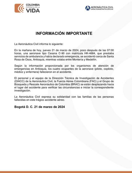 Comunicado de la Aeronáutica Civil. Foto: X.