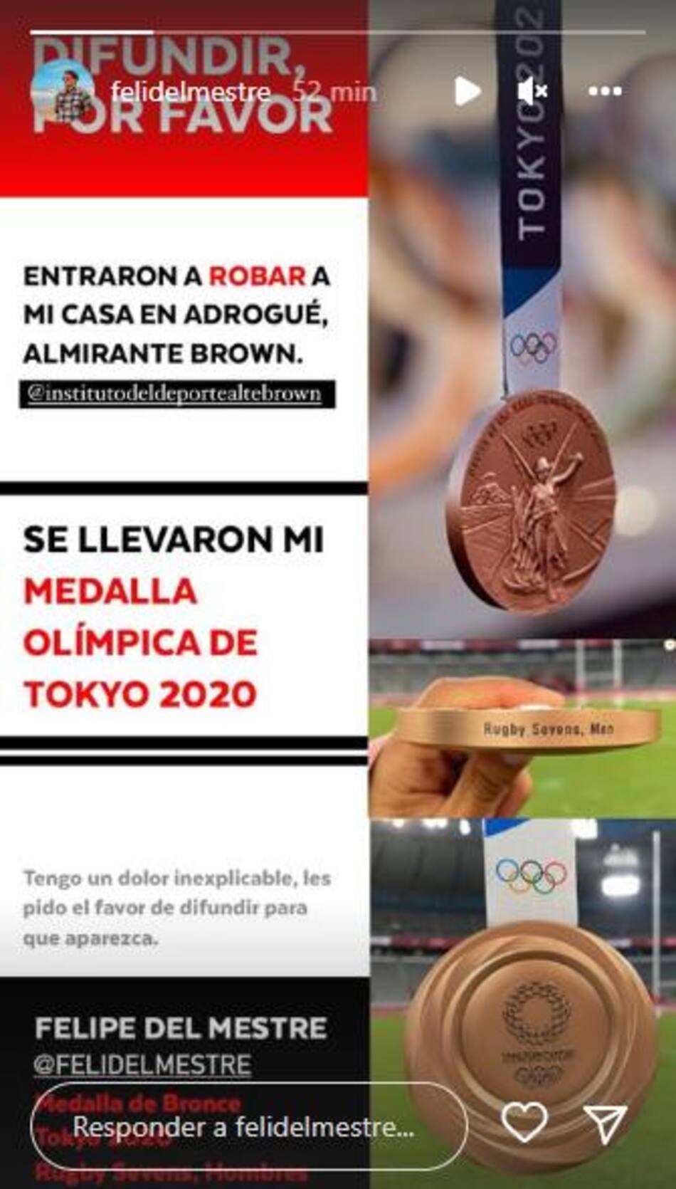 Posteo de Felipe Del Metre sobre el robo de su medalla. Foto: @felidelmestre.