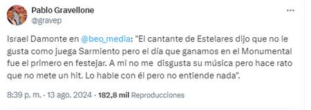 La frase de Israel Damonte sobre las críticas del cantante de Estelares. Foto: Captura.