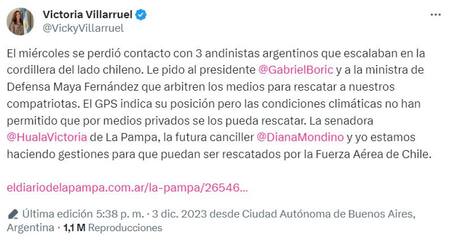 El reclamo de Victoria Villarruel tras la desaparición de los andinistas. Foto: captura de pantalla.