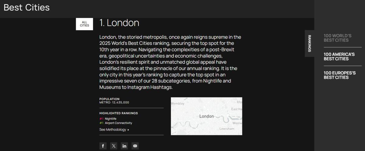 Londres fue elegida como la mejor ciudad del mundo. Foto: captura worldsbestcities.com