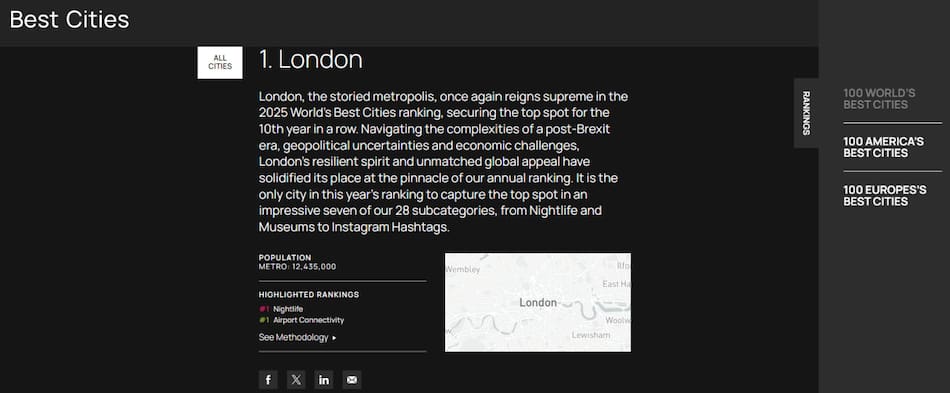 Londres fue elegida como la mejor ciudad del mundo. Foto: captura worldsbestcities.com
