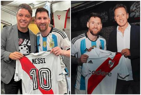 Lionel Messi junto a Marcelo Gallardo y Jorge Brito. Foto: X @ColapintoDRiver