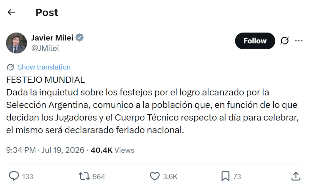 Tuit de Javier Milei sobre el lunes 20 de julio