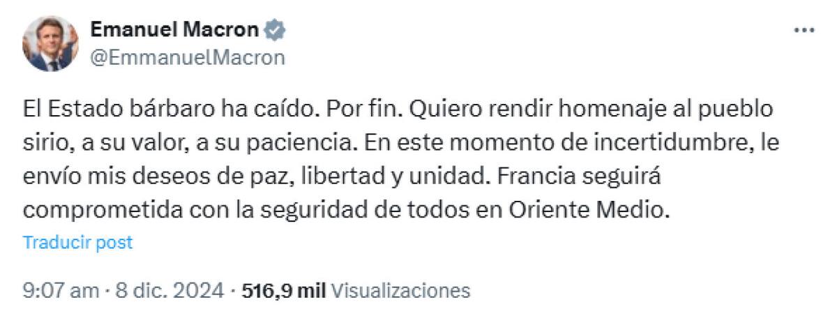 Publicación de Emmanuel Macron en redes sociales. Foto: X / EmmanuelMacron.