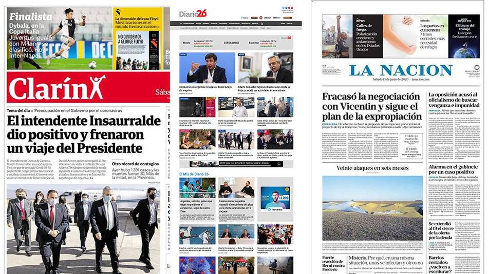 Tapas de diarios, diarios de Argentina, sábado 13 de junio de 2020