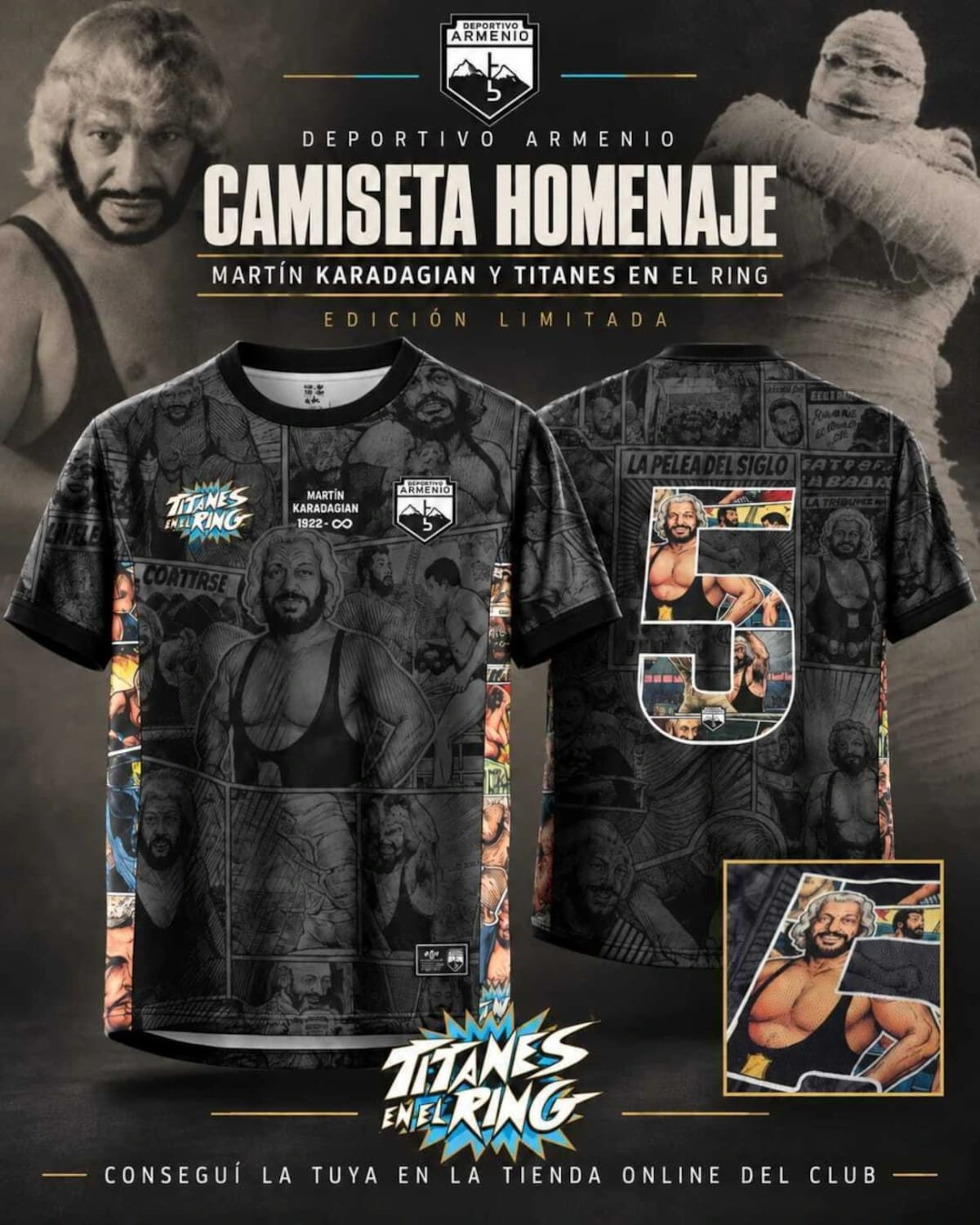 Camiseta de Deportivo Armenio en homenaje a Martín Karadagián y Titanes en el Ring.