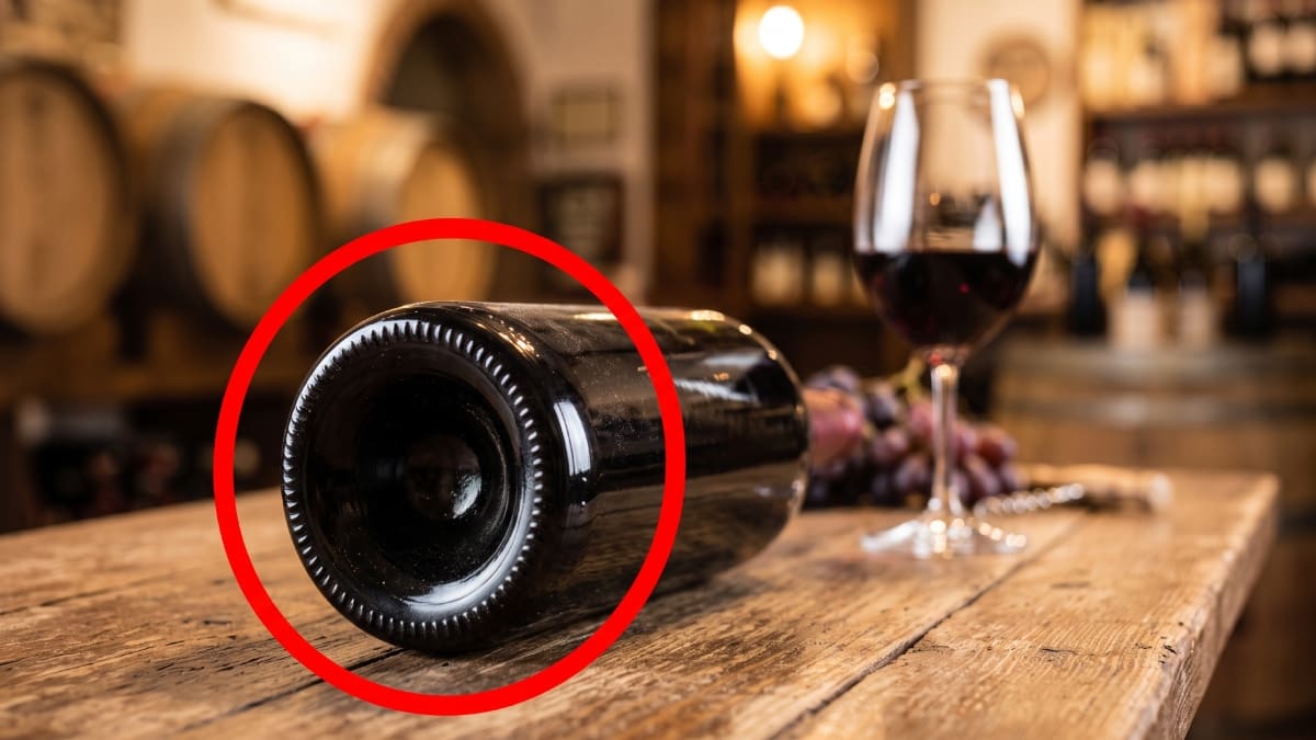 Botella de vino sobre una mesa de madera.