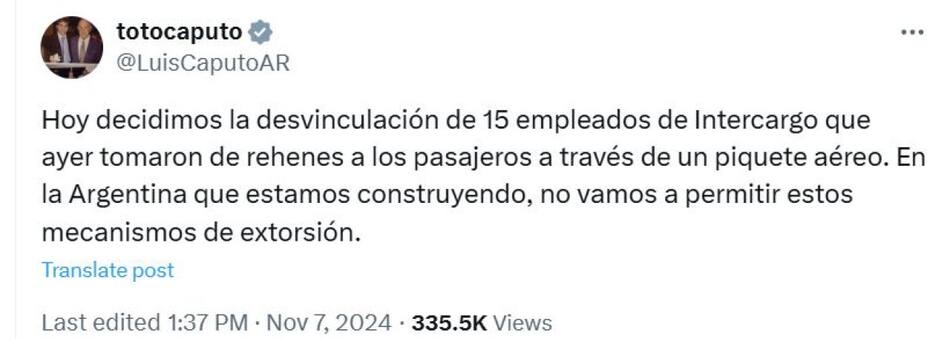 El tuit del Ministro de Hacienda, Luis Caputo, sobre Intercargo. Captura.