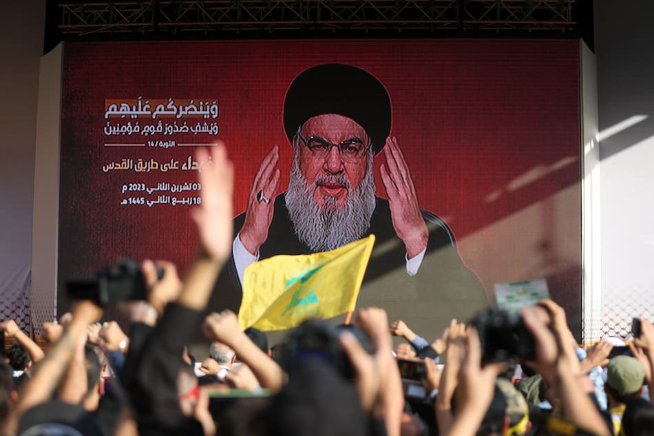 El líder del grupo libanés Hezbollah, Hasán Nasrala, durante su discurso. Foto: Reuters.