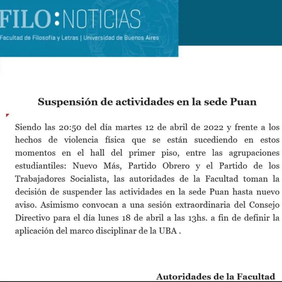 Comunicado de la Facultad de Filosofía y Letras