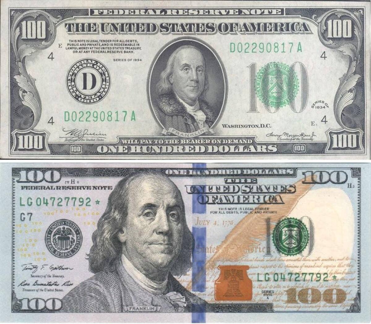 Comparación entre dólar "cara chica" (arriba) con el "cara grande". Foto: Captura.