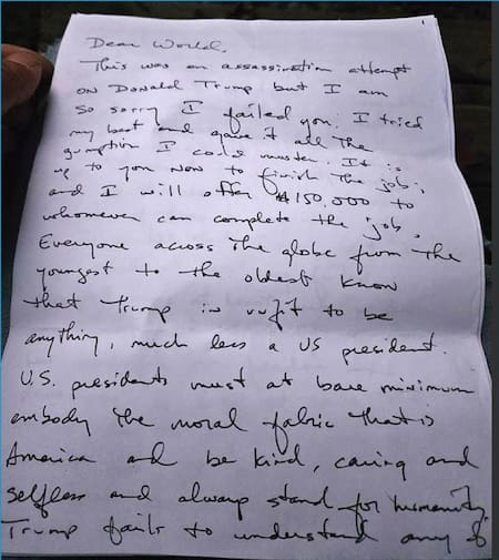 La carta de Ryan Wesley Routh. Foto: EFE