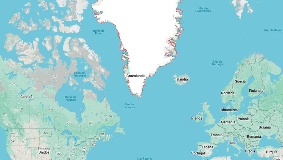 La ubicación de Groenlandia en el mapa. Foto: Google Maps.