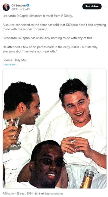 Leonardo DiCaprio estaba en la lista de invitados de Diddy Combs. Foto: X/OliLondonTV