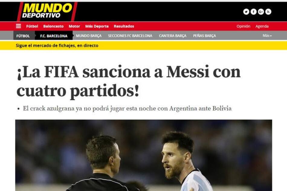 Sanción a Messi en los medios del Mundo