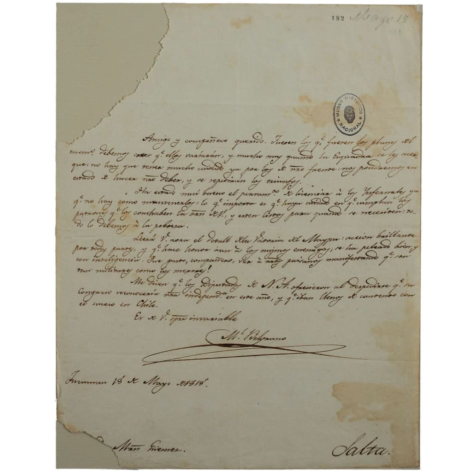 Carta de Belgrano a Güemes, fechada en 1818