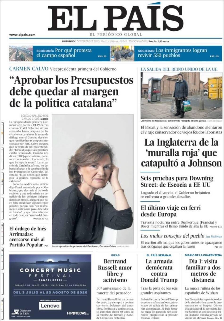 Tapas de diarios, el País, domingo 2 de febrero de 2020