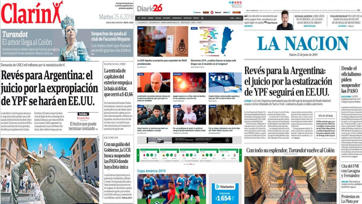 Tapas de diarios argentinos: juicio por la expropiación de YPF y ola de calor en Europa