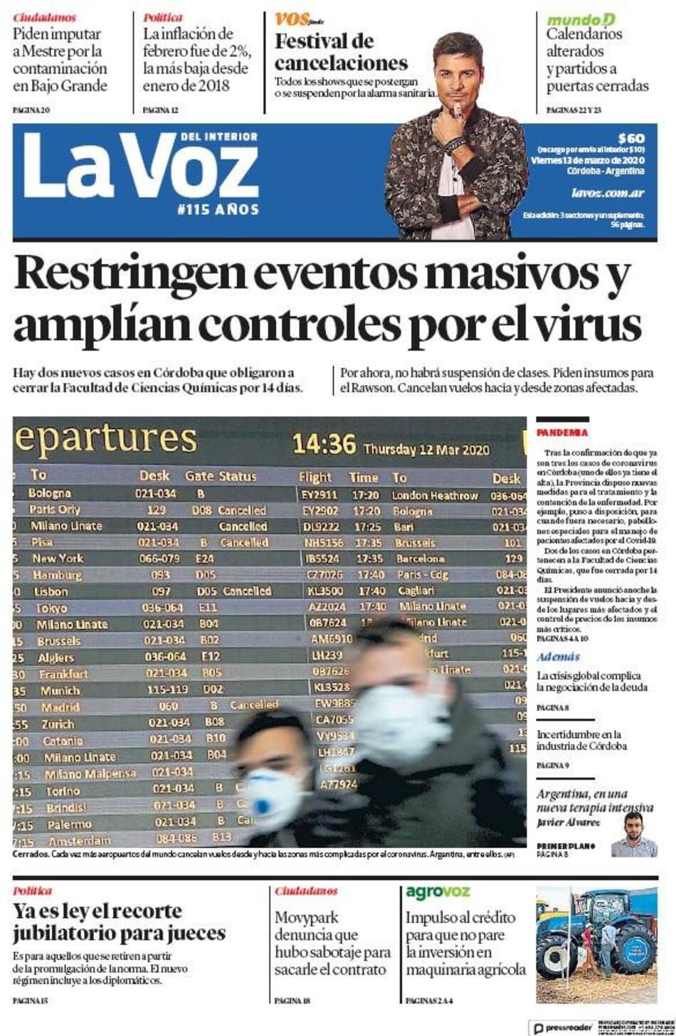 Tapas de diarios, La Voz del Interior, viernes 13 de marzo de 2020
