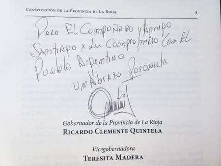 Dedicatorio de Ricardo Quintela para Santiago Cúneo.