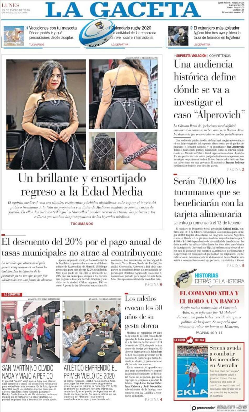 Tapas de diarios, La Gaceta, lunes 13 de enero de 2020