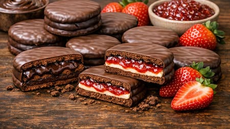 Alfajor de chocolate y frutilla.