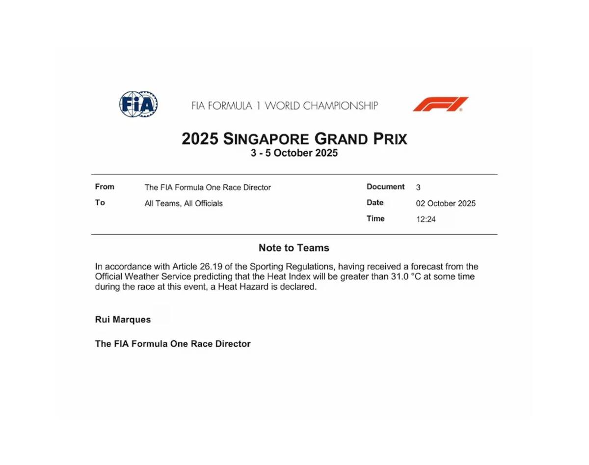 El comunicado de FIA sobre las condiciones extremas en el Gran Premio de Singapur.