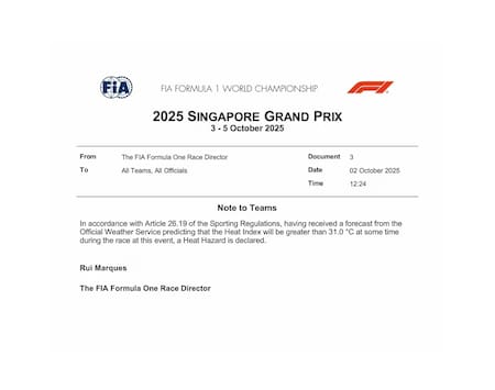 El comunicado de FIA sobre las condiciones extremas en el Gran Premio de Singapur.