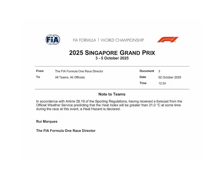 El comunicado de FIA sobre las condiciones extremas en el Gran Premio de Singapur.